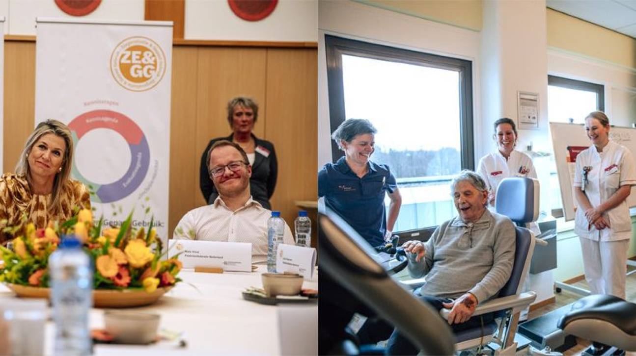 Koningin Máxima op de informatiemarkt in gesprek met Sjoerd Repping, Eva Vroonland en Maya Kruijt van het ZE&GG-programma (foto: Paul Rous)